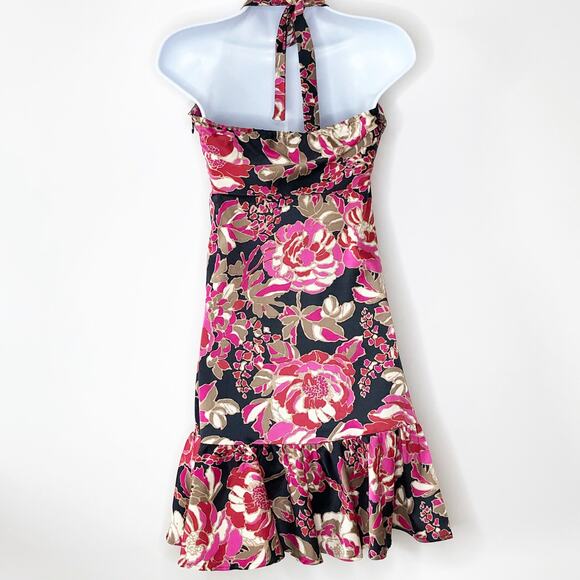 Guess Halter Dress 3 Floral Stretchy Mini Ruffle Hem Tie Back Side Zip Pink - Picture 2 of 6